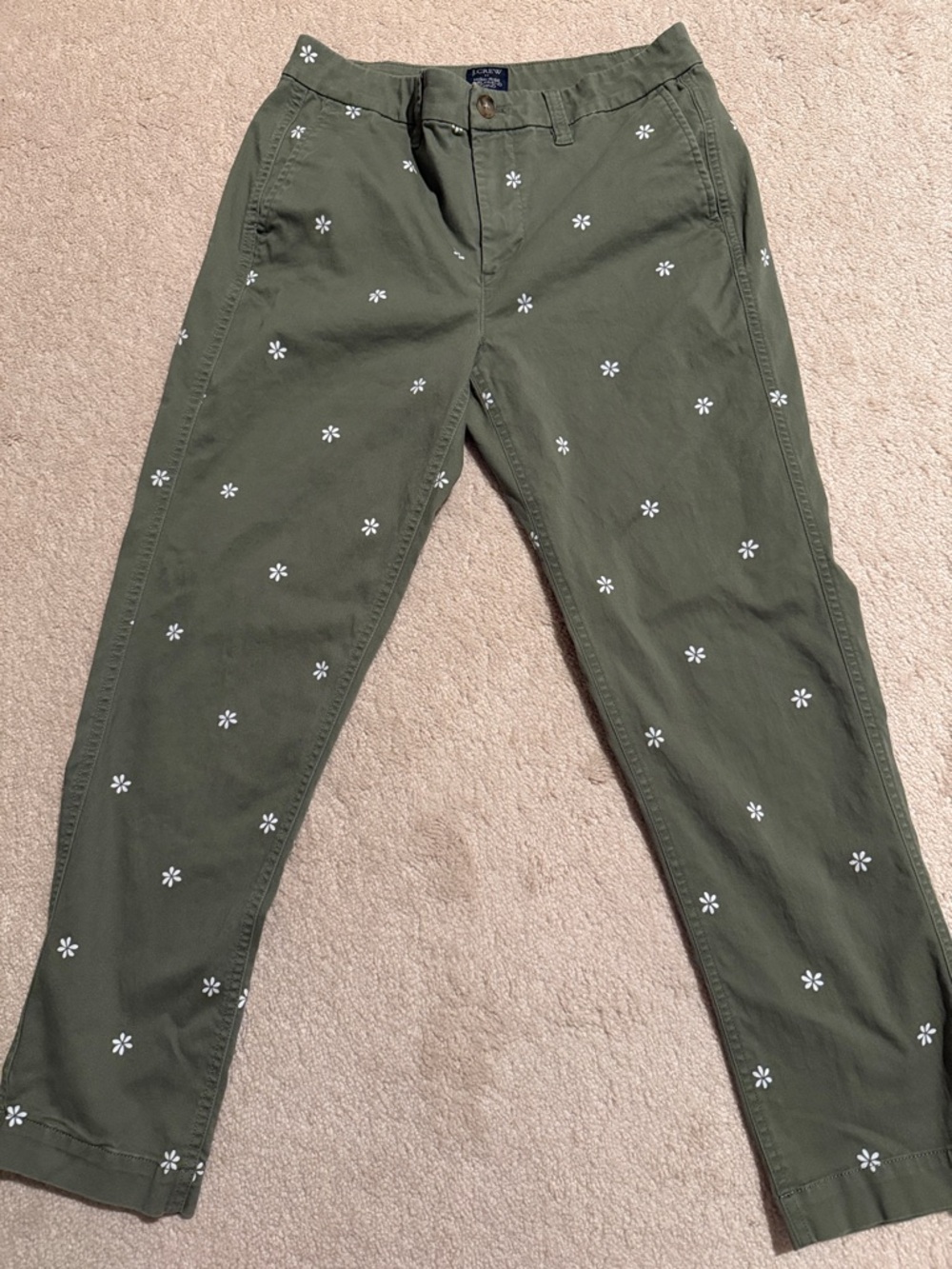 J. Crew Olive Green High Rise Girlfriend Chino with White Daisy Motif